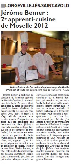 Jérôme BEMER 2ème apprenti-cuisine de Moselle 2012